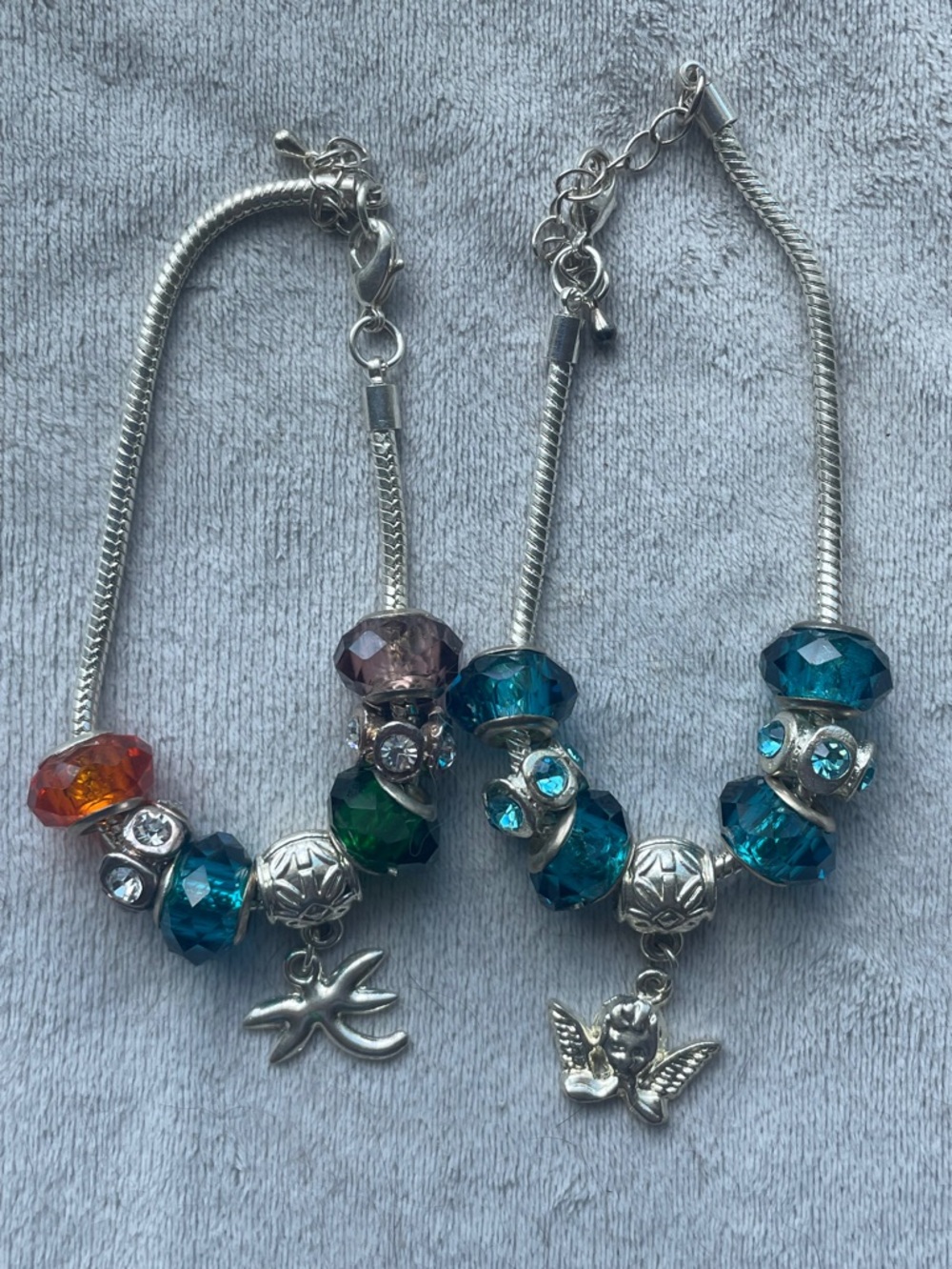 Silver Charm Bracelets with Teal, Green & Orange Faceted Beads